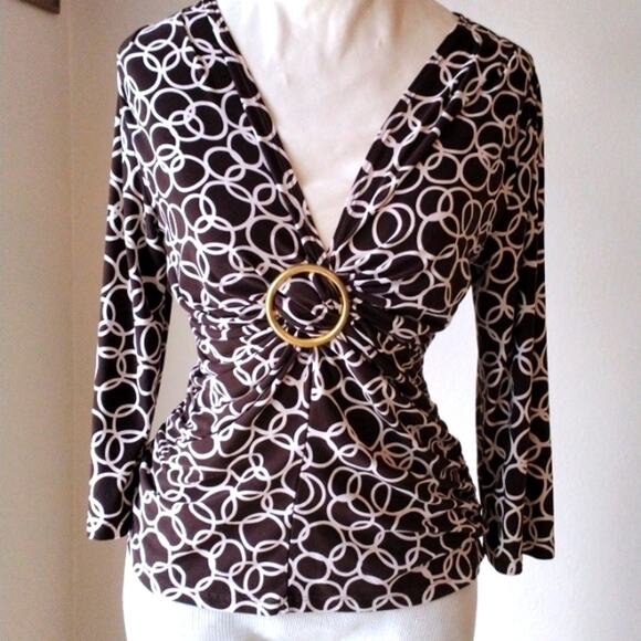 Y2k VNTG Brown Top Sz M GEOMETRIC V-Neck Wrap 3/4 Sleeve Babydoll Retro Artsy - Picture 2 of 8